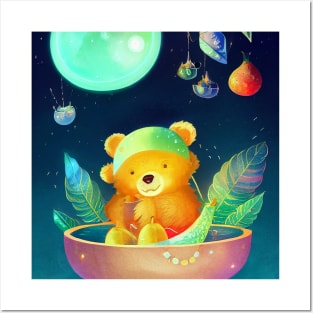 A cute baby bear in a floating fruit boat Posters and Art